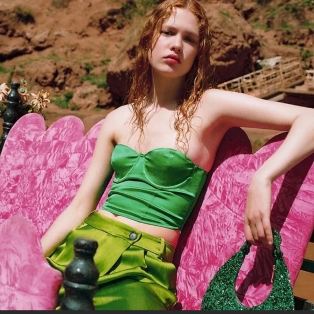 Zara Emerald Green Satin Bustier Strapless Corset Crop Top